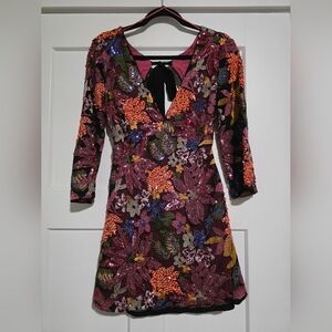 Sequin Floral V-Neck Women’s Dress - Burgundy Multi